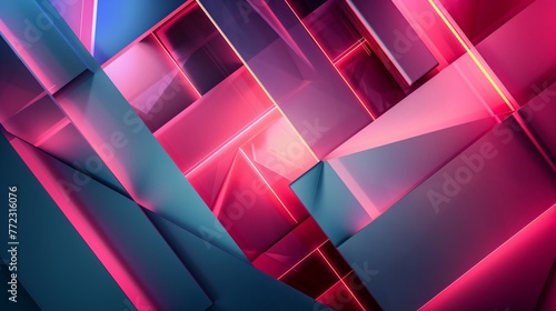 Abstract Futuristic Geometric Background with Neon Lights, Colorful 3D Shapes, Modern Technology Concept Background