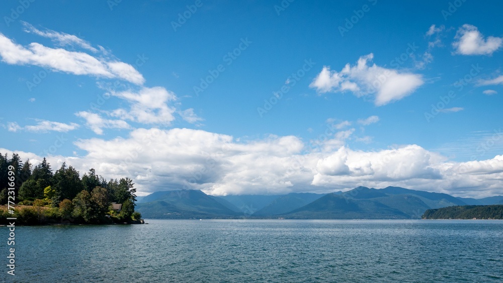 Beautiful view of a calm lake with mountains in the background
