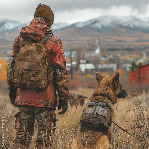A lone survivor exploring a post-apocalyptic city, with overgrown vegetation reclaiming buildings and a loyal dog companion by their side.