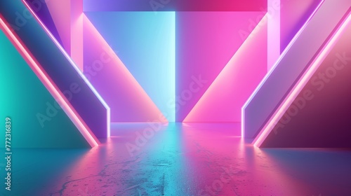 Futuristic Neon Hallway With Glowing Geometric Shapes, Vibrant Lights, Colorful Abstract Digital Background, Futuristic Design