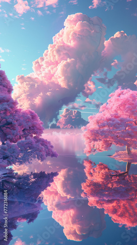 A beautiful pink and blue sky with fluffy clouds and a river with pink trees in the background © SJ Studio