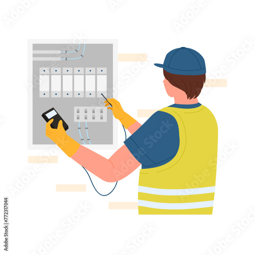 Electrician worker checking voltage. Electrician repair service, industrial worker flat vector illustration