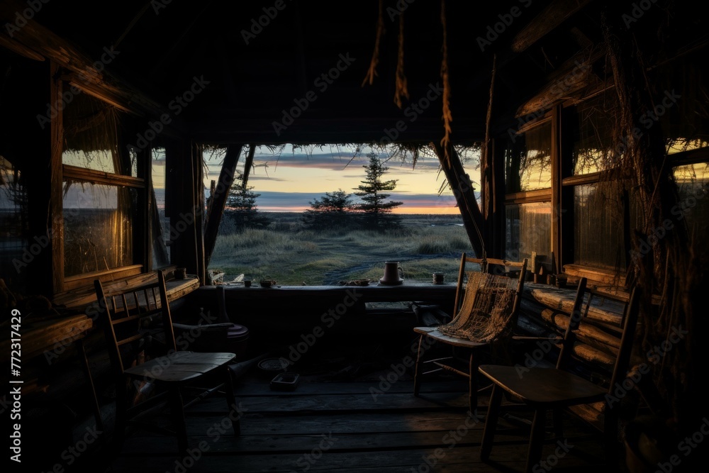 Fototapeta premium Secluded Scenery view from inside hut. Nature landscape view from vacation lodge. Generate ai