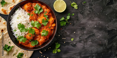 Delicious Chicken Tikka Masala with Fluffy Rice and Warm Naan Bread on Elegant Black Background