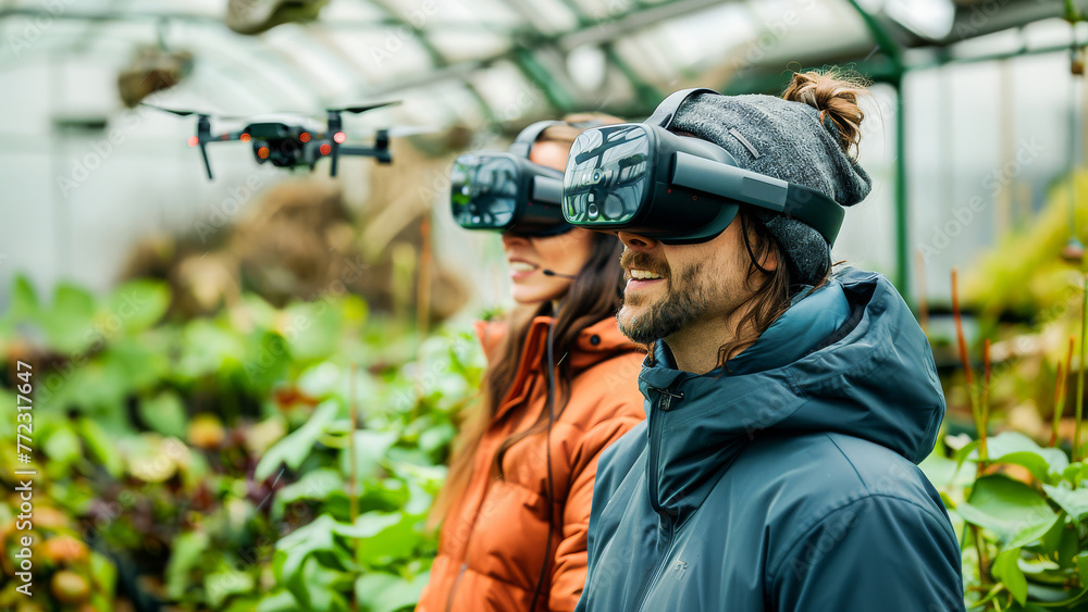 Fototapeta premium Couple in a greenhouse using virtual reality headsets to control a drone, surrounded by lush plants and technological innovation.