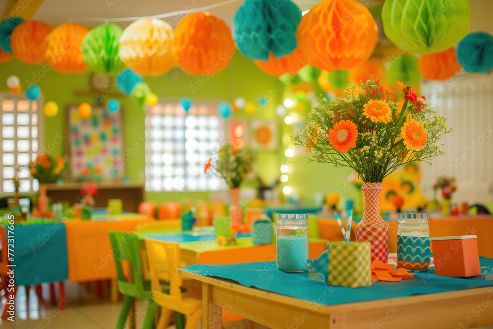 Fototapeta premium A kindergarten graduation setup with colorful chairs, balloons, and a festive table with flowers