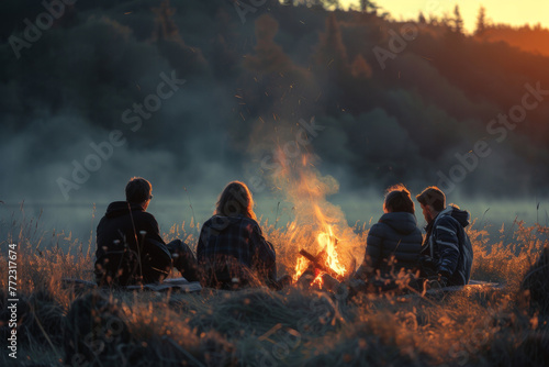 a company of four young people sits around a fire in the evening in a field against the backdrop of a forest