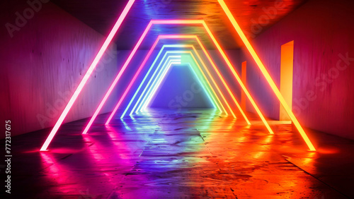 Vibrant neon lights in a futuristic tunnel with a mesmerizing geometric pattern and colorful reflections on the floor.