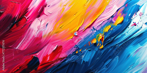 Vibrant abstract painting featuring red, blue, yellow, and pink colors on a white background