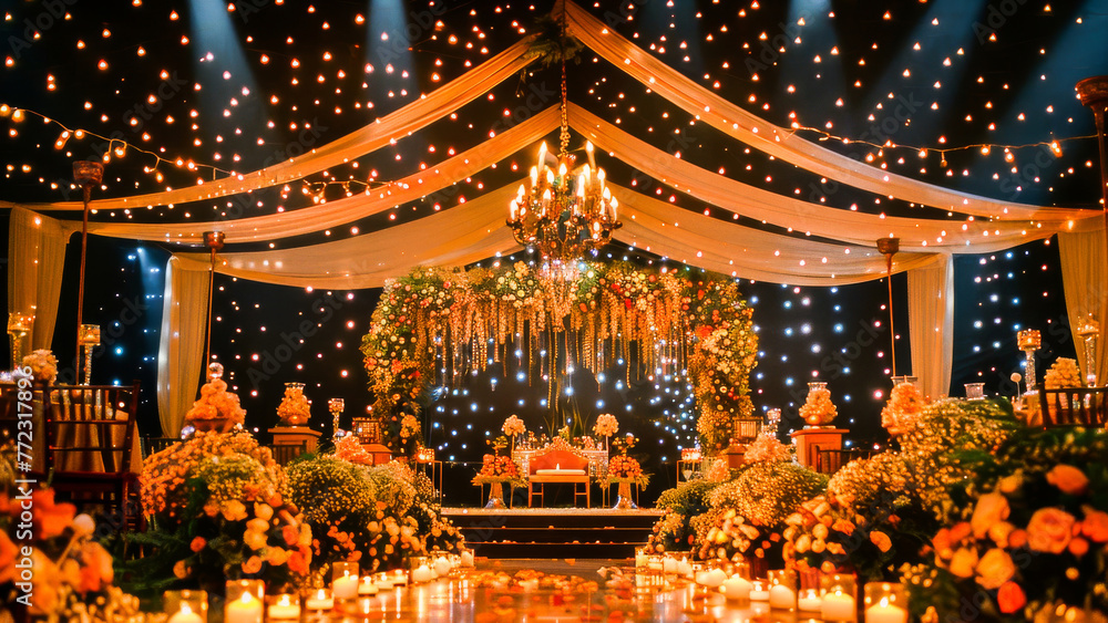 Naklejka premium Elegant wedding venue beautifully decorated with flowers, chandeliers, and romantic candle lighting.