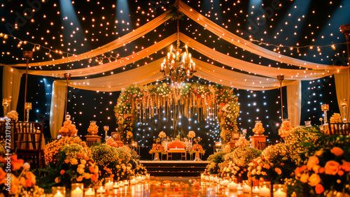 Elegant wedding venue beautifully decorated with flowers, chandeliers, and romantic candle lighting.