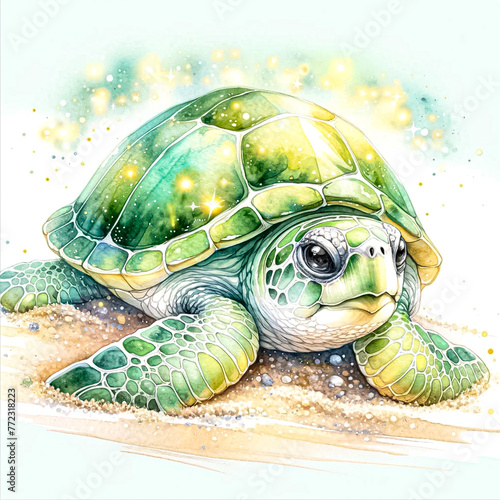 An illustration for turtle day, Loggerhead cute turtle crawling on the sand, rendered in watercolor style.