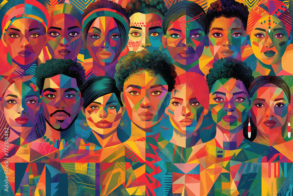 Colorful vector montage of diverse faces with geometric patterns, representing cultural diversity and beauty in a modern design Vivid vector artwork showcasing a tapestry of multicultural faces