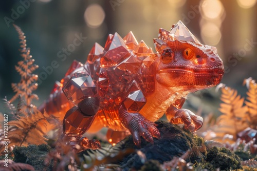 red crystal dinosaur stands on the ground surrounded by papor leaves