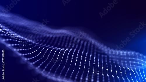 Abstract wave. Interweaving of dots and lines on a blue background. Big data. 3D rendering.
