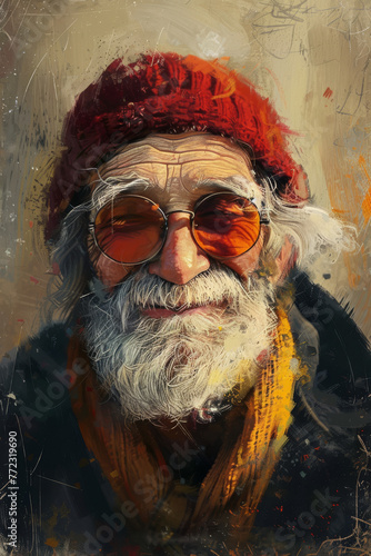 A man with a red hat and sunglasses is smiling. The painting is of a man with a beard and glasses