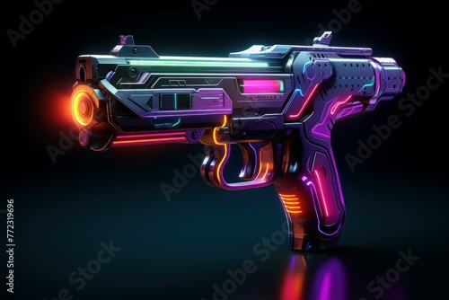 Interactive Neon pistol arcade gun. Danger cyber. Generate Ai