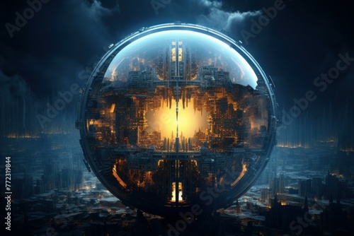 Innovative Scifi sphere. Gold ship galaxy. Generate Ai