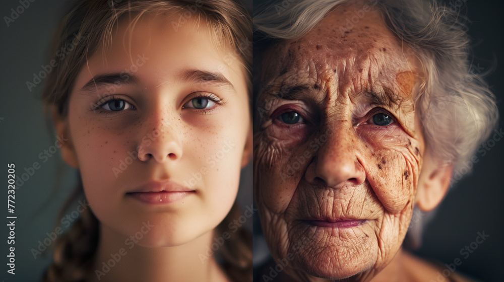 concept of aging. face of young woman and an old woman with wrinkles concept of aging. face of young woman and an old woman with wrinkles