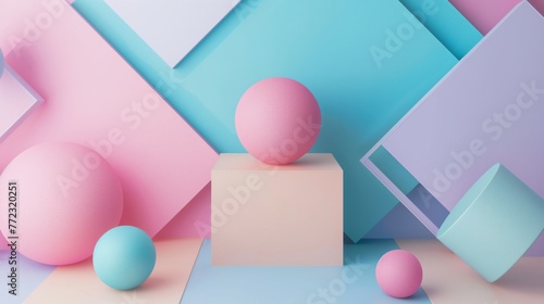 Modern Abstract Pastel Background with 3D Geometric Shapes, Spheres, Cubes, and Soft Colorful Composition for Creative Design