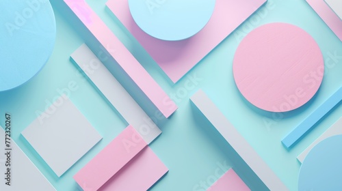 Minimalist Abstract Background with Pastel Geometric Shapes, 3D Circles, Rectangles, and Soft Color Composition on Blue Surface