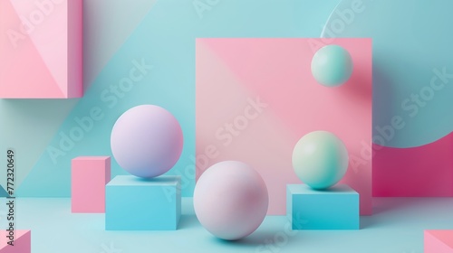 Creative Abstract Scene with 3D Pastel Geometric Shapes, Floating Spheres, Cubes, and Soft Color Composition on Pink and Blue Background
