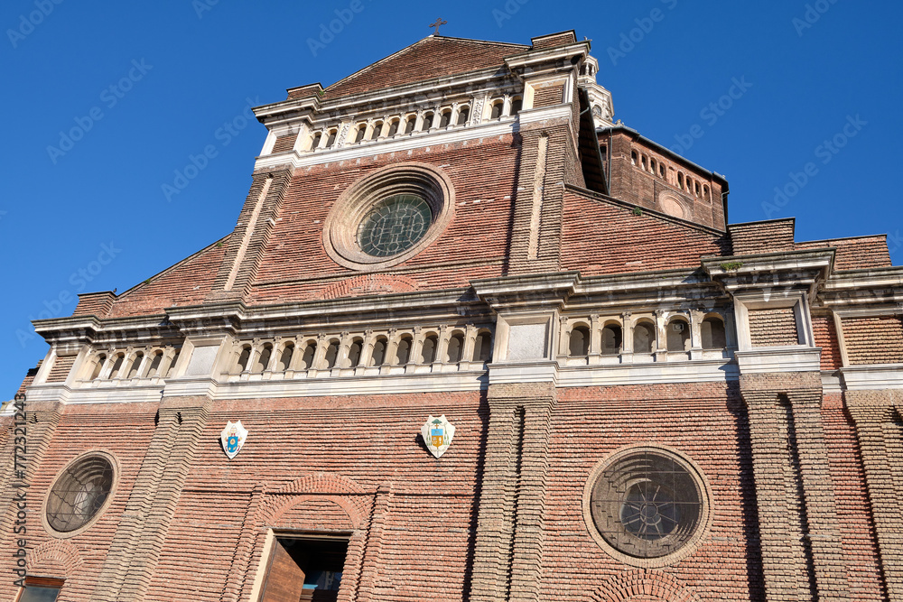 Pavia, April 2023: Duomo di Pavia (Pavia Cathedral) in Pavia at sunny day, Lombardy, italy.