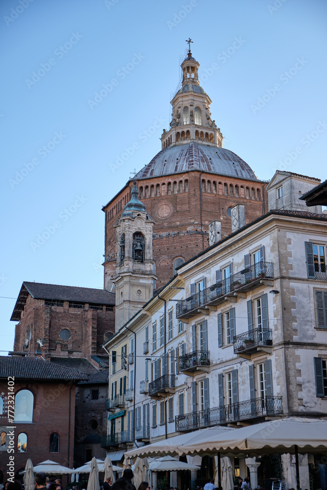 Pavia, April 2023: Duomo di Pavia (Pavia Cathedral) in Pavia at sunny day, Lombardy, italy.