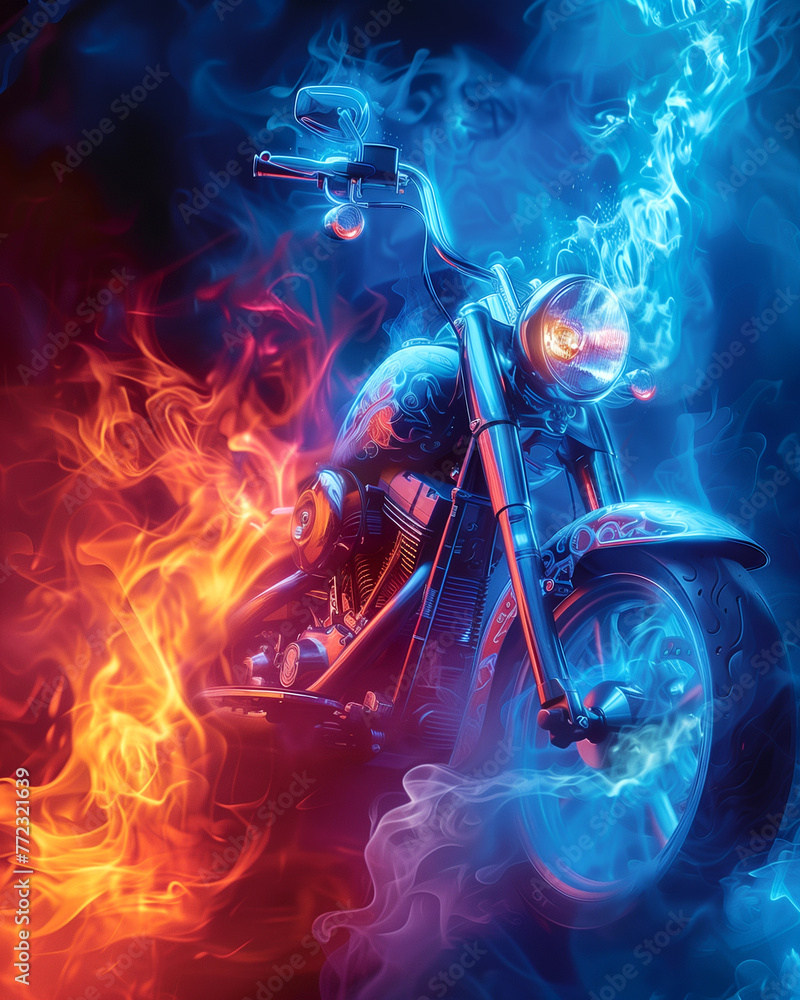creative image of a motorcycle in a fairy-tale haze - obrazy, fototapety, plakaty 