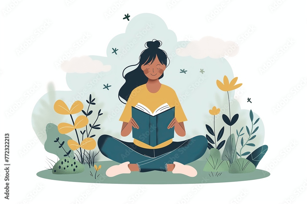 Girl reading a book, learning and reading concepts. cute flat cartoon illustration	