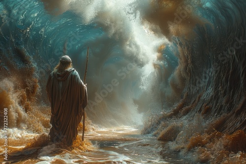 Portrait of the biblical back view of Moses dividing the sea with his stick: a depiction of divine power and liberation, with towering walls of water parting to reveal a path of destiny.