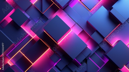 Futuristic 3D Abstract Background with Glowing Neon Pink and Blue Cubes Geometric Tech Pattern and Modern Digital Light Effects
