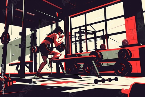 Woman exercise in a gym, training in a fitness center, flat cartoon illustration