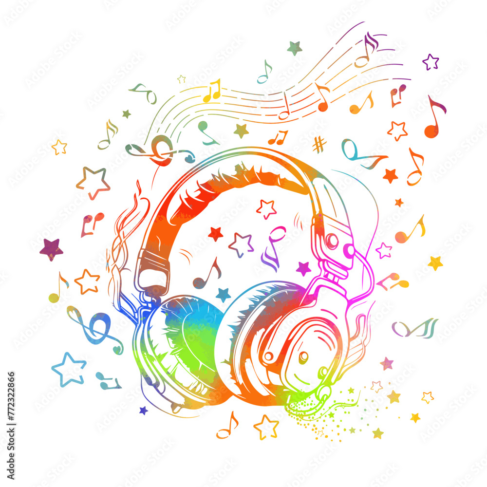 Music design. Abstraction colored music. Headphones and notes. T-shirt printing. hand drawing. Not AI. Vector illustration - obrazy, fototapety, plakaty 