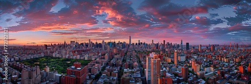 Sunset Over New York City Skyline with Dramatic Clouds