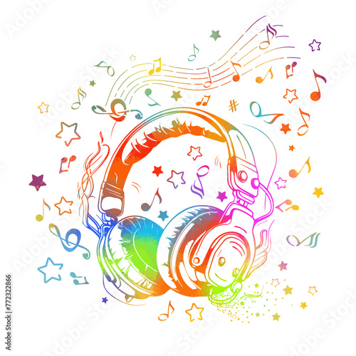 Music design. Abstraction colored music. Headphones and notes. T-shirt printing. hand drawing. Not AI. Vector illustration