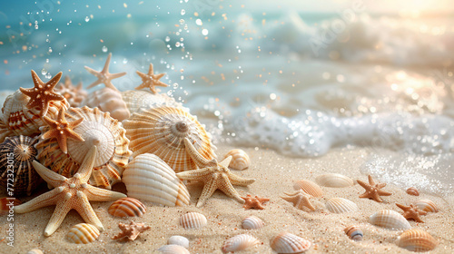 Summer panoramic background of beach with seashells and starfish