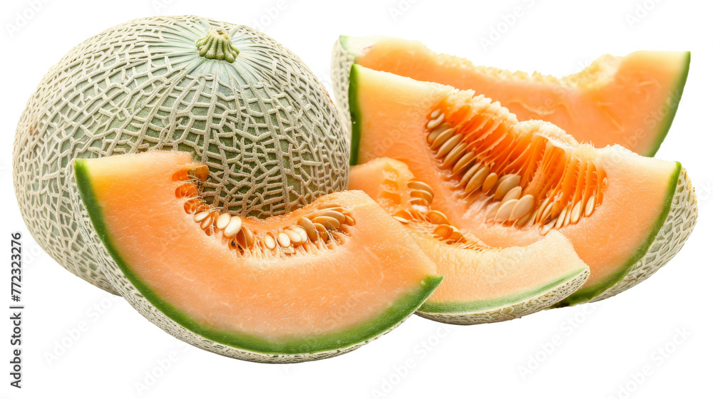 A whole cantaloupe with juicy slices revealing seeds on a white background, ai generated A whole cantaloupe with juicy slices revealing seeds on a white background, ai generated