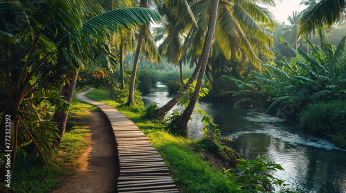 Tropical jungle path winding through lush greenery with palm trees  leading to the crystal-clear canal.