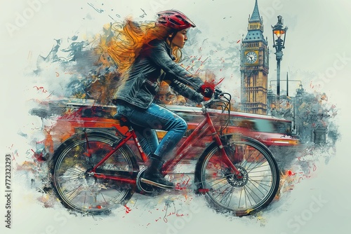 Woman riding on a bicycle in London, UK, Europe, watercolor art cartoon illustration