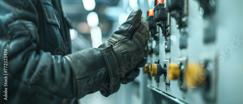 Close-up of electrical insulation gloves, electrical panel blurred behind