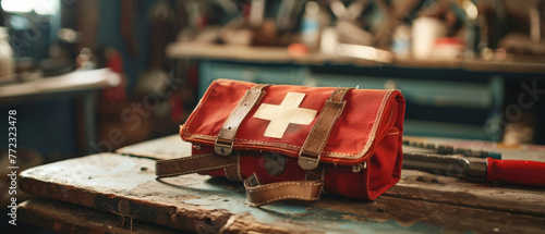 Close-up on a first aid kit open on a workshop table photo