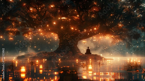 Lone Monk Meditates Sitting By A Mystical Tree Illuminated With Lanterns In A Magical Forest. Vesak and the path to enlightenment. AI Generated