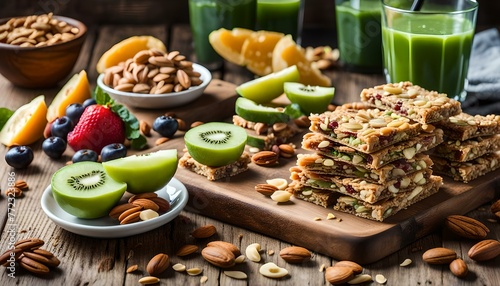 Healthy snacks with granola bars, sliced fruits, mixed nuts arranged on a rustic wooden table with glass of green juice. 