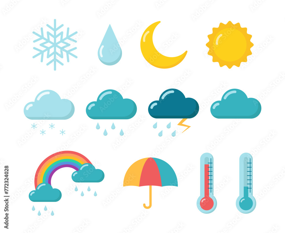 Set of flat vector weather icons isolated on white background Set of flat vector weather icons isolated on white background