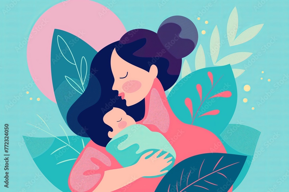 Mother with a child portrait on a blue pastel background, minimal flat cartoon illustration