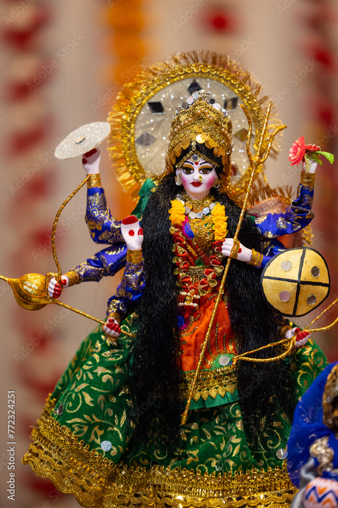 Handmade puppet, Handicraft work of handmade colorful goddess durga souvenir or doll made with jute at trade fair.