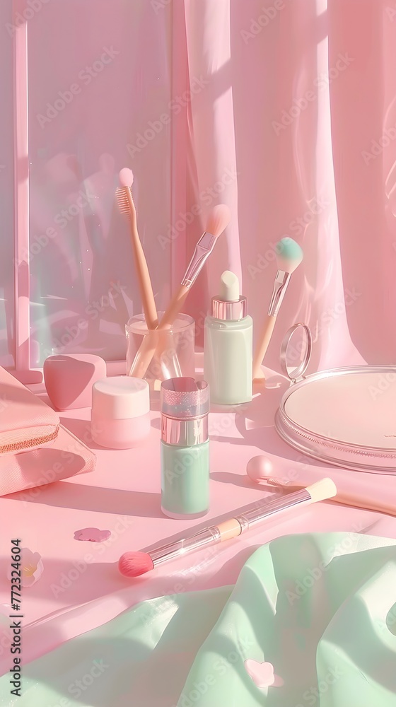 Cosmetic accessories in a delicate pale peach pink floral composition, flowers on beige table background. Aesthetic retro sparkling close up view with sunlight shadows and copy space banner wallpaper Cosmetic accessories in a delicate pale peach pink floral composition, flowers on beige table background. Aesthetic retro sparkling close up view with sunlight shadows and copy space banner wallpaper