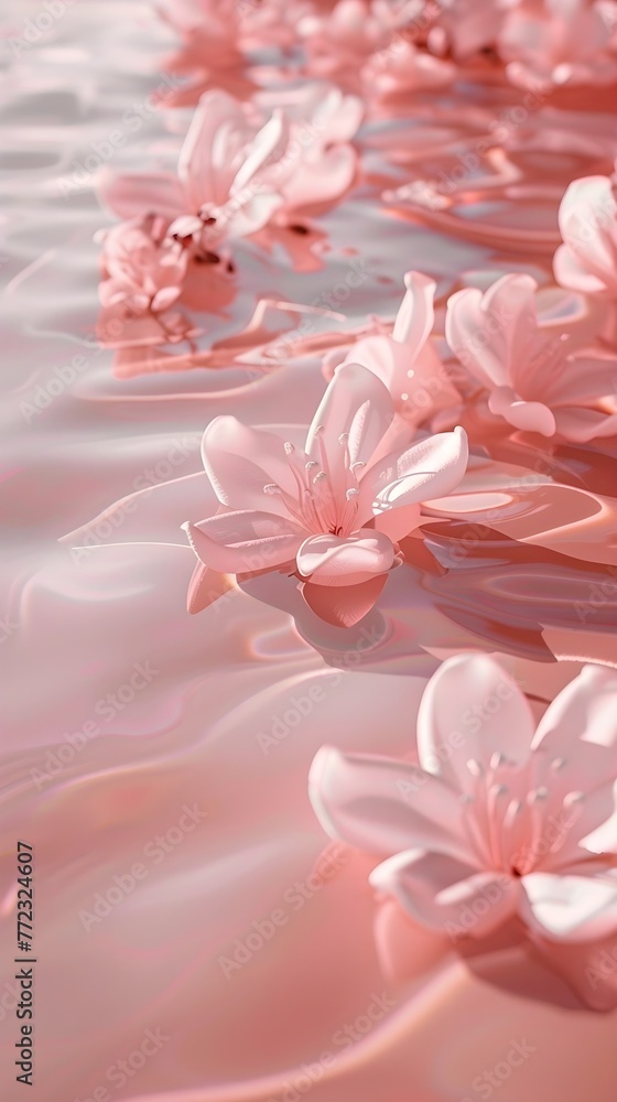 Delicate pale peach pink flowers lying in water rippling waves, Aesthetic retro sparkling close up view floral composition with sunlight shadows and copy space, banner wallpaper 