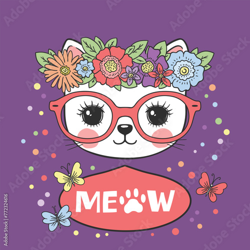 Cat girl face with floral wreath, butterfly. Meow slogan text